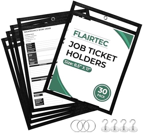 Job Ticket Holders 10x14 - (30 Pack) 8.5x11 Letter Size | Reusable Dry Erase Pockets Black with Metal Rings & Hooks | Durable Clear Shop Sleeves for Work Order | Perfect for Classrooms by Unknown