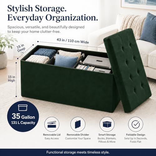 ALASDO 43 Inch Folding Storage Ottoman Bench with Hidden Storage, Velvet Storage Ottoman Foot Rest Stool, End of Bed Bench for Bedroom, Living Room, Entryway and Closet, Dark Green - Image 5