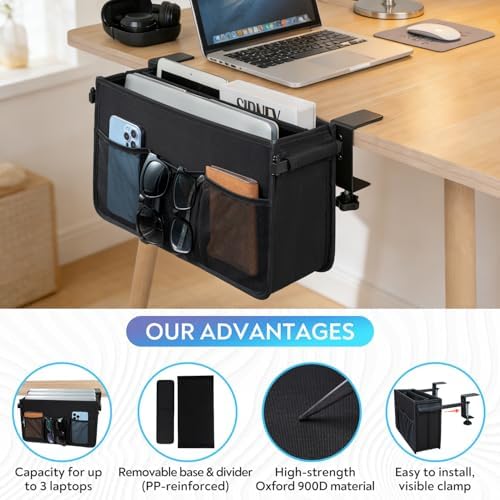 Side Desk Laptop Holder for Up to 3 Laptops, Side Desk Storage Organizer with Adjustable Divider & Soft-Lined Interior, Easy Clamp Mount Laptop Desk Holder, Fits 0.6″-3.2″ Flat Edge - Image 2