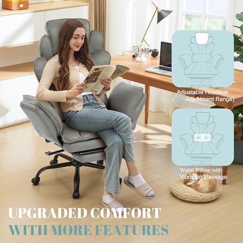 Flip Armrests Criss Cross Office Chair, Reclining Office Chair with Foot Rest, Adjustable Headrest, Massage Waist Pillow, Cross Legged Big and Tall Desk Chair Wide Seat Vanity Chair, Grey PU Leather - Image 4