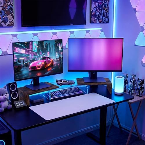 Dual Monitor Riser, Acrylic Monitor Riser, Adjustable Angle & Length Computer Monitor Stand, Wide Desk Shelf for Top of Desk for Home Office_Wood Look Small - Image 2