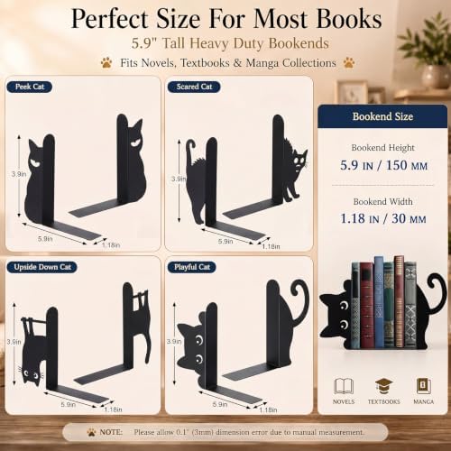Geelin 8 Pcs Cat Bookends Halloween Black Cat Metal Bookshelf Home Decor - Image 2