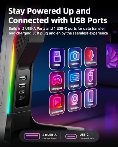 RGB Gaming Headset Stand with 2 USB and 1 Type-C Ports, Game Headphone Mount for PC Computer, Xbox One, Xbox Series S/X, PS5, PS4, Earphone Holder Hanger, Desk Gamer Accessories, Black&White - Image 4