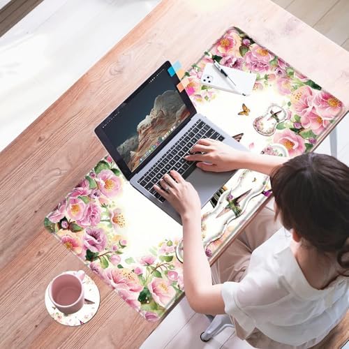 Mouse Pad,Large Desk Mat Set, 4in1 XL Mousepad + Keyboard Wrist Rest+Mouse Wrist Rest+Coaster with Ergonomic Desk Pad for Home Office Table Computer Cover -Flower Hummingbird - Image 7