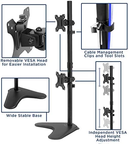 Mount-It! Vertical Dual Monitor Stand, Freestanding Stacked Monitor Mount for 2 Screens 17–32", Height Adjustable, Tilt Swivel Rotate, Portrait or Landscape, Holds 17.6 lbs per Arm, No Desk Clamp Needed - Image 3