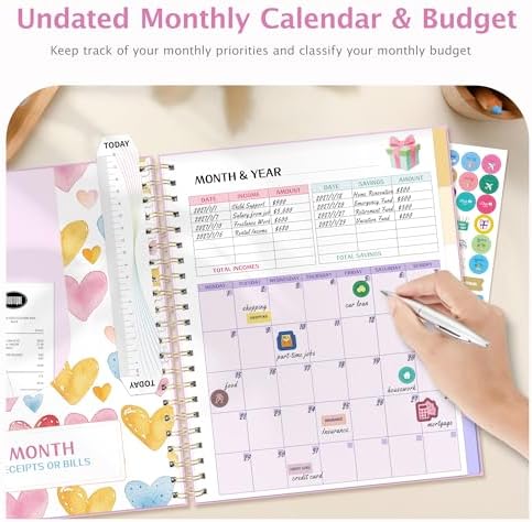 Ospelelf Oversized Budget Planner and Monthly Bill Organizer, Spiral Bindding Money Expense Tracker with Pockets & Stickers, 9" X 11" Large Pages for Spacious Writing, Original Fun Colorful Design, 12 Month Financial Notebook Pink - Image 3