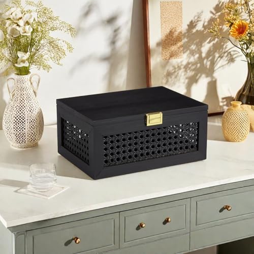 Decorative Rattan Storage Boxes Baskets with Lid Wooden Frame - Image 5