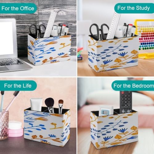 PU Leather Multi-Compartment Pen Holder Desktop Organizer Pencil Cup Storage Caddy for Office Home Supplies Hand Painted Markers Bright Herbal Yellow And Blue Seamless Pattern - Image 4