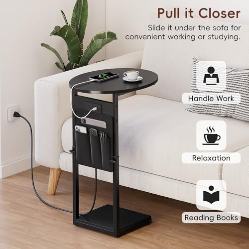Vagusicc C Shaped End Table with Charging Station, 32" Tall Side Table for Couch and Recliner, Adjustable Height Small Couch Side Table Slide Under Sofa TV Tray Table for Living Room, Bedroom, Black - Image 5