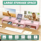 OPNICE Dual Computer Monitor Stand Riser, Desk Organizer with Drawer, Office Desk Accessories & Workspace Organizers for Home Office Supplies, Pink - Image 3