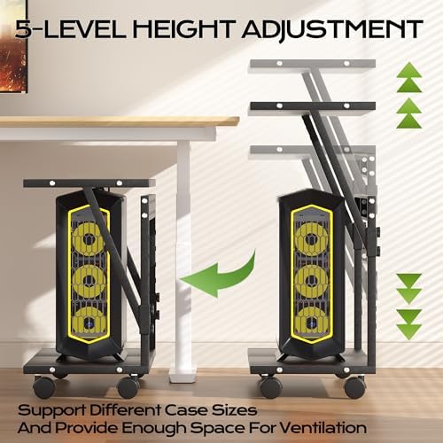 24In Large PC Stand, 5 Levels Height Adjustable Computer Tower Stand with Wheels and Hooks, CPU Holder Cart for Floor, Carpet and Under Desk, Easy Assembly（NOT Including Power Strips） - Image 2