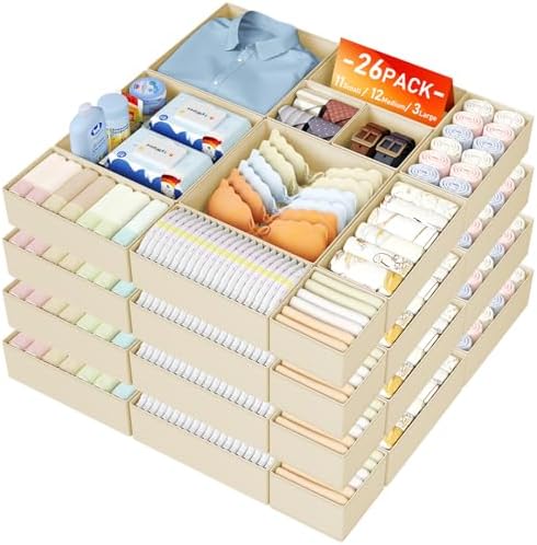 DIMJ Drawer Organizer Clothes, 26 Pack Dresser Organizer, Foldable Closet Organizers and Storage, Fabric Dresser Bins, Drawer Dividers for Nursery, Baby Clothes, Underwears, Sock,Beige by DiMJ