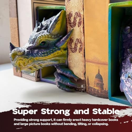 Dragon Bookends Ornaments, Gothic Fantasy Bookends, Book Lovers Unique Resin Shelf Holder Set, Functional Resin Animal Statue Sculpture Book Holder for Home Office Bookshelf（Purple） - Image 5