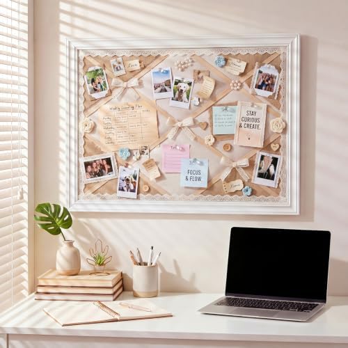 Pinkunn 18" x 24" Linen Fabric Bulletin Board with Ribbon Wall Decor, White - Image 5