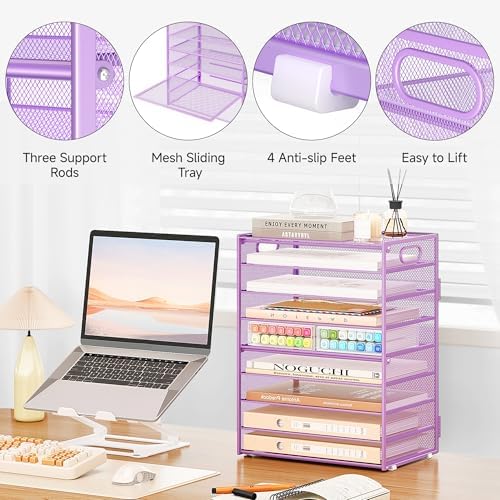 SUBEKYU 9 Tier Paper Letter Tray Desk Organizer with Handles - Purple Metal Mesh File Holder Paper Sorter Desk Organizer for Office Home School, Include 6 Pcs Adjustable Slid Tray, 6 Colors Available - Image 6
