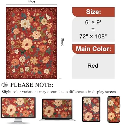 DUKINO 6x9 Area Rugs, Floral Washable Rug for Bedroom Non Slip, Red - Image 2