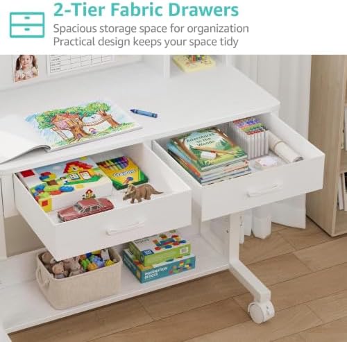 WINAZ White Kids Desk with Hutch, Height Adjustable 32" Small Study Table - Image 6
