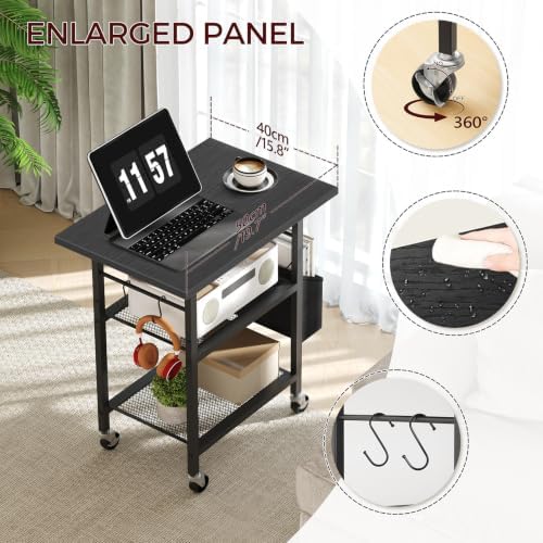 MAHANCRIS 3-Tier Printer Stand, Rolling Printer Table on Wheels, Industrial Storage Stand with Side Pocket, Wooden Tabletop, 2 S-Shaped Hooks, for Home Office, Black PTBK2501 - Image 4