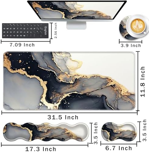 Keyboard Wrist Rest and Mouse Pad with Wrist Support Set Ergonomic Coaster,Memory Foam,Easy Typing Pain Relief,Large XL Desk Mat 31.5"x 11.8",Black Gold Marble - Image 2