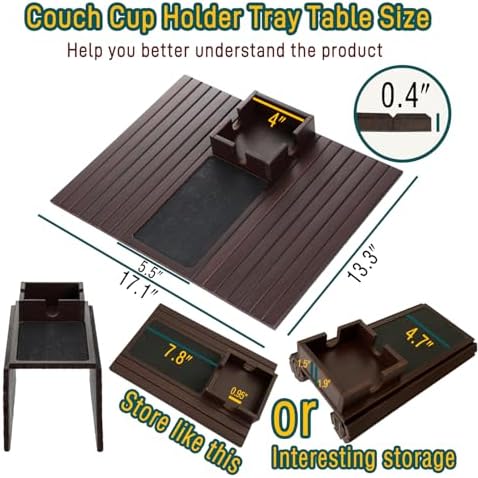Bamboo Couch Cup Holder Arm Tray Table with Anti-Slip Cork Pad，Couch Drink Holder，Sofa Cup Holder Armrest Tray，Foldable Arm Chair Table Recliners for Drink, Cups, Eats，Snacks, Phone, Remote (Mahogany) - Image 2