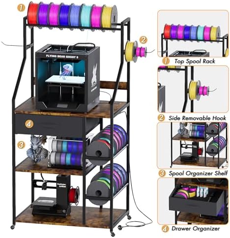 4-Tier 3D Printer Stand with Filament Storage & Power Outlet (Rustic Brown) - Image 3