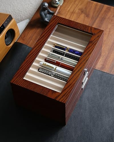 wood pen display case 36 slot Fountain pen Box storage Organizer with drawer, Top Glass Window Pen Collection Display Case - Image 2