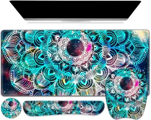 Large Mouse Pad with Wrist Support 4 in1 Set, XXL Big Game Mousepad + Keyboard Wrist Rest+Mouse Wrist Rest+Coaster Ergonomic Gaming Mat for Home Office Table Computer I Nice Green Mandala by NXZGO