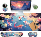 4-Piece Extended Large Mouse Pad Set for Women Men with Colorful Koi Design Includes 35.4 x 15.7 XXL Large Mouse Pad Keyboard Wrist Rest Mouse Wrist Support and Coaster for Office Home by HaoSiTeck