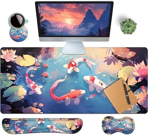 4-Piece Extended Large Mouse Pad Set for Women Men with Colorful Koi Design Includes 35.4 x 15.7 XXL Large Mouse Pad Keyboard Wrist Rest Mouse Wrist Support and Coaster for Office Home by HaoSiTeck