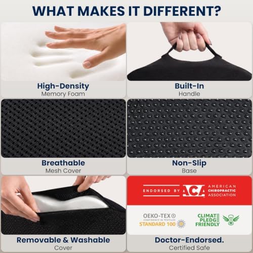 5 STARS UNITED Seat Cushion - Memory Foam Chair Cushion for Tailbone Pain Relief - Ergonomic Support for Coccyx, Sciatica & Butt - Office, Desk & Gaming Chair, Car Seat, Wheelchair, Airplane, Black - Image 4