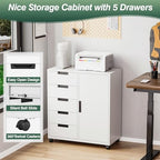 MIIIKO 5 Drawer Storage Cabinet with Door and Shelf, Mobile Lateral Cabinet on Wheels, Office Small Organizer Printer Stand, White File Cabinets - Image 4