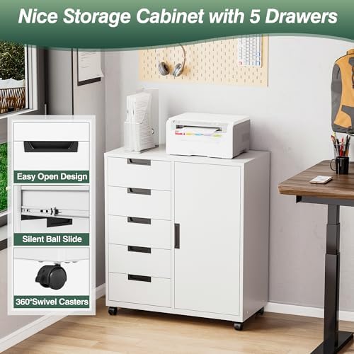 MIIIKO 5 Drawer Storage Cabinet with Door and Shelf, Mobile Lateral Cabinet on Wheels, Office Small Organizer Printer Stand, White File Cabinets - Image 4