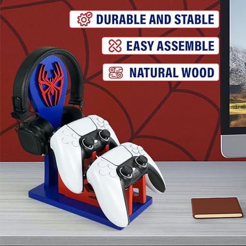 Gamer Gift for Men Teenage Boy Wood Controller Organizer with Headphone Holder & Game Controller Stand - Unique Gift Idea for Husband, Boyfriend, Gamers, Game Lover, Gaming Accessory (Spider) - Image 3