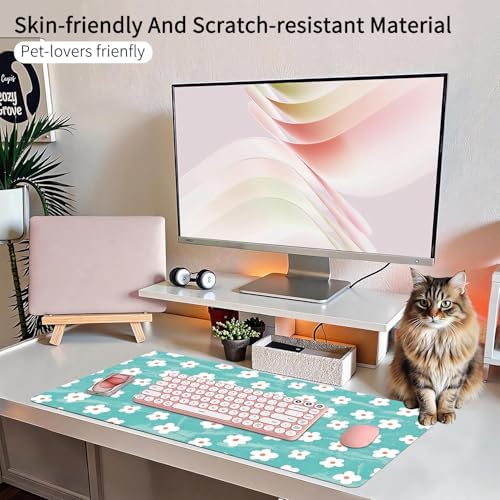 Turquoise Daisy Office Desk Mat 31.5" x 15.7" Desktop Mat PU Leather Large Mouse Pad White Mousepad Non-Slip Table Mat for Girls, Women, Home, Work, Computer, and Gaming - Image 5