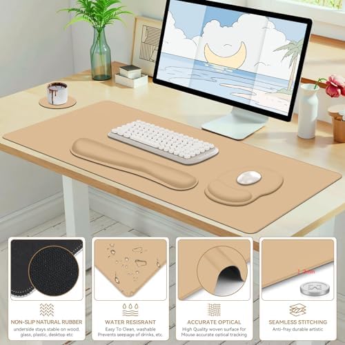 4 PCS Mouse Pad Desk Mat Protector, Keyboard Wrist Rest + Comfortable Mouse Pad Wrist Rest +Coaster, Large Gaming Mousepad for Computer Laptop, 35.4"X 15.7" Deskpad for Office Home I Sand Color - Image 7