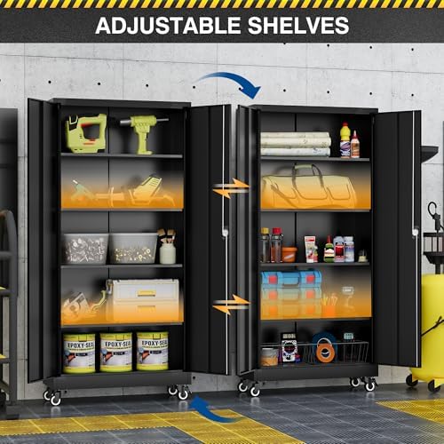 Fesbos Metal Rolling Storage Cabinet-74.6” Tall Steel File Cabinets with Wheels Lockable Doors and Adjustable Shelves-Black Steel Storage Cabinet for Home, School, Office, Garage - Image 4
