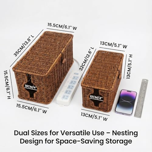 Wicker Cable Management Box, 2 Pack Large & Small Cable Organizer Box, Faux Rattan Hand-Woven Desk Organizer with 10 Cord Clips and 10 Ties, for Home Office and Charging Station - Image 2