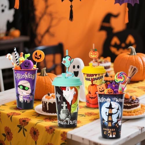 100 Pack Halloween Party Decorations Cups with Lids and Silly Straws Bulk - Image 2