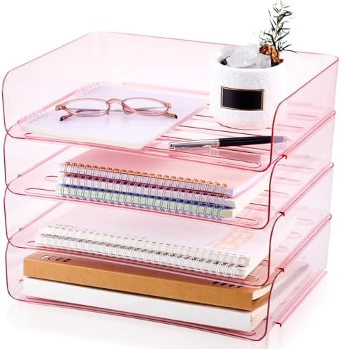 Harloon 4 Tier Paper Organizer Clear Pink Letter Tray Acrylic File Tray by Muasung
