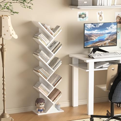 10 Tier Tree Book Shelf, Floor Standing Wood Bookshelf for Narrow Space - Image 5