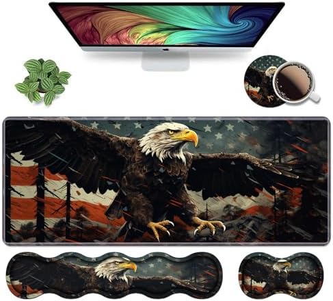 Ergonomic Keyboard Wrist Rest & Mouse Pad Wrist Rest Set,Large XXL Gaming Desk Mat 31.5"x 11.8",Non-Slip Base, Memory Foam,Easy Typing Pain Relief for Office & Home,Patriotic American Flag Bald Eagle by Unknown