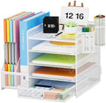 Lavatino Desk Organizer with File Holder, 5-Tier Paper Letter Tray Organizer with Sliding Drawer and 2 Pen Holder, Mesh Desktop File Organizer for Office Supplies, White by Lavatino