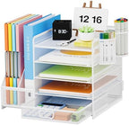 Lavatino Desk Organizer with File Holder, 5-Tier Paper Letter Tray Organizer with Sliding Drawer and 2 Pen Holder, Mesh Desktop File Organizer for Office Supplies, White by Lavatino
