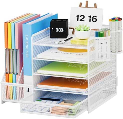 Lavatino Desk Organizer with File Holder, 5-Tier Paper Letter Tray Organizer with Sliding Drawer and 2 Pen Holder, Mesh Desktop File Organizer for Office Supplies, White by Lavatino