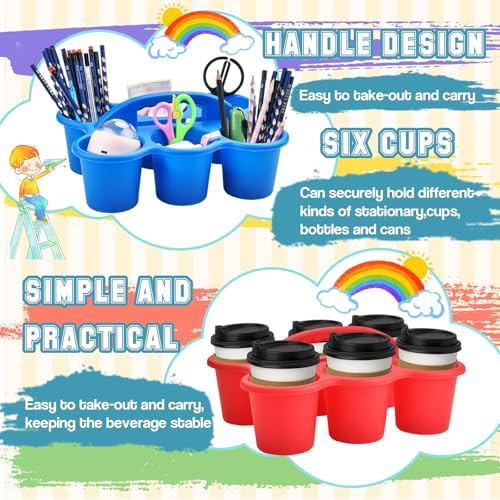 Haundry 6 Pack Classroom Caddy Storage Basket with Handle, Plastic Drink Cup Caddy Holder, 6 Compartments for Kids, Table, Office, Arts, Crafts, Crayon, Marker, Pencil, School Supplies - Image 4
