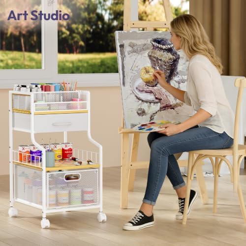 SWTYMIKI Under Desk Storage Cart- Art Storage Cart with Drawers & DIY Divider - Office Cart Organizer Under Desk Shelf, Craft Rolling Cart for Office, Craft Room & Studio White - Image 2