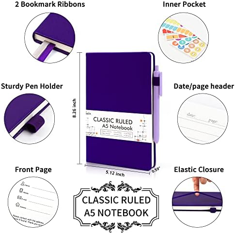 feela 5 Pack Journal Notebook Bulk for School, Hardcover Business Notebooks Classic Ruled Lined Journals with Pen Holder for Work Note Taking, with 5 Black Pens, 120 GSM, 5.1”x8.3”, A5, Purple - Image 2