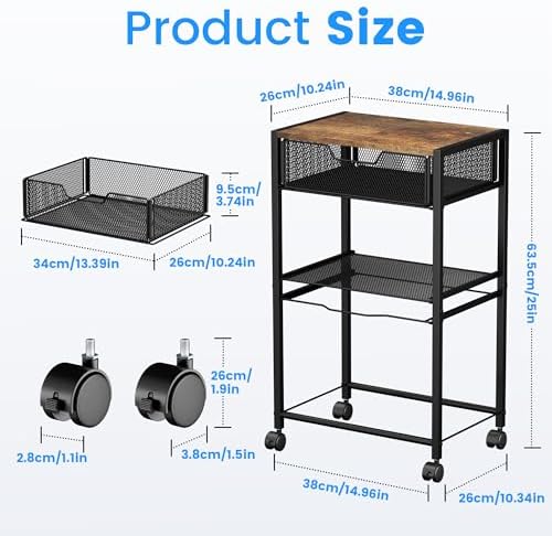 Cawukege 3 Tier Printer Stand, Small Mobile Table with Wheels, Printer Shelf Rolling Cart with Storage Desk Organizer Hanging File for Office Home, Brown - Image 3