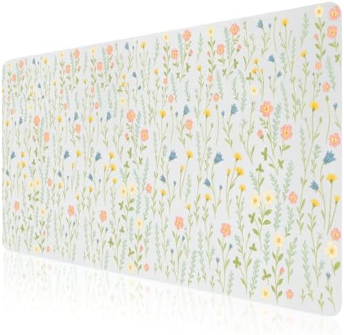Watercolor Ditsy Floral Office Desk Mat 31.5" x 15.7" Desktop Mat PU Leather Large Mouse Pad White Mousepad Non-Slip Table Mat for Girls, Women, Home, Work, Computer, and Gaming by Unknown