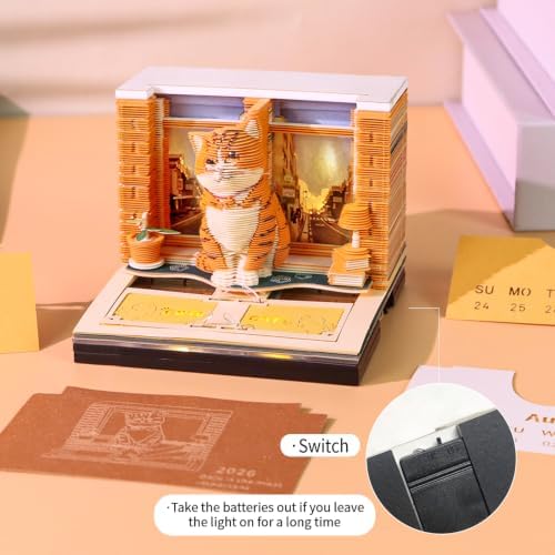 3D Memo Pad Time Piece Calendar 2027, 3D Tear-Off Art Desk Calendar 2027, Creative 3D Memo Pad Paper Art Tree House DIY Paper Carving Decoration (Big Orange Cat) - Image 4